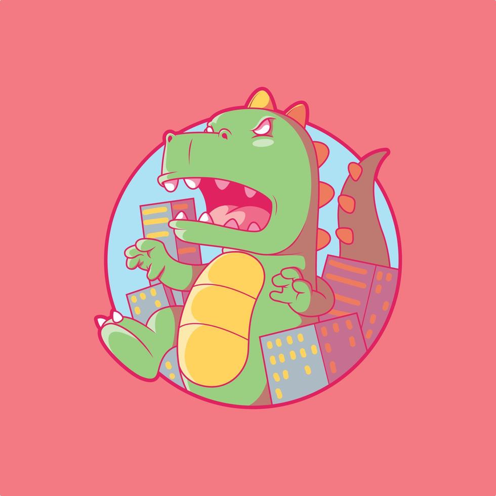 Angry Dino character in the city vector illustration. Mascot, funny, imagination design concept.