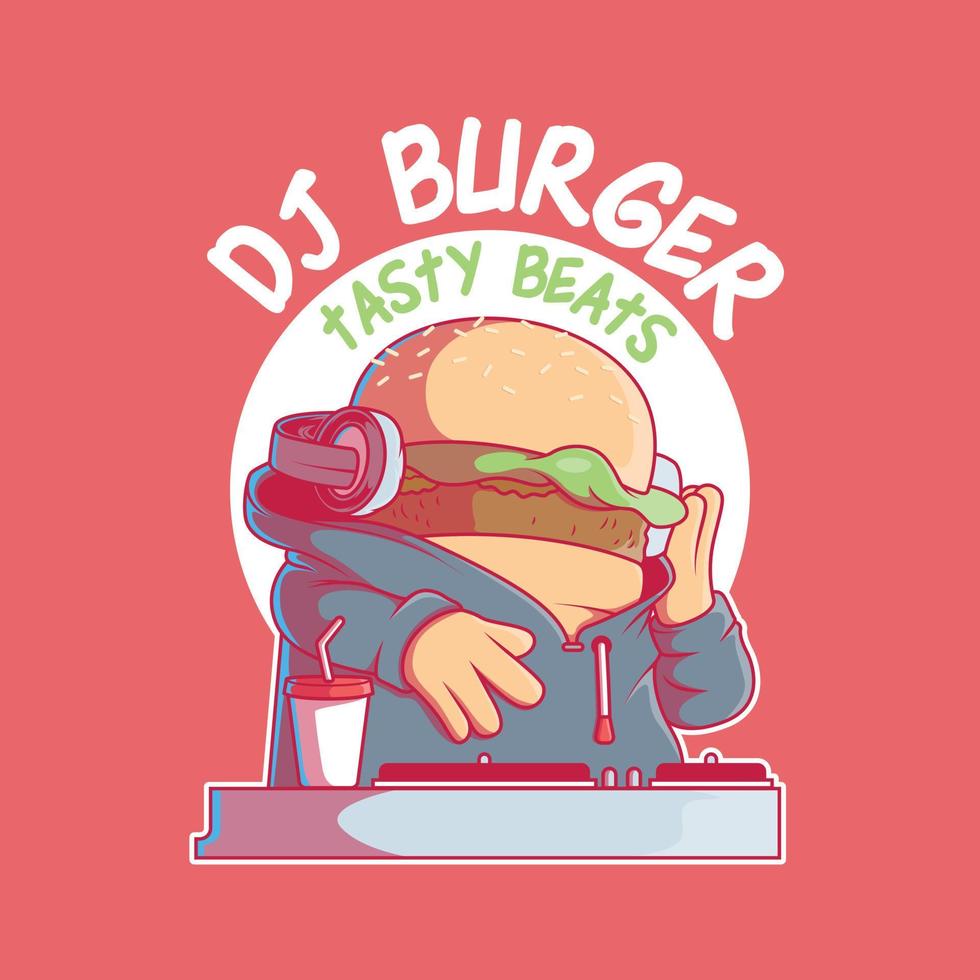 Dj Burger mixing music vector illustration. Food, music, funny, brand design concept.