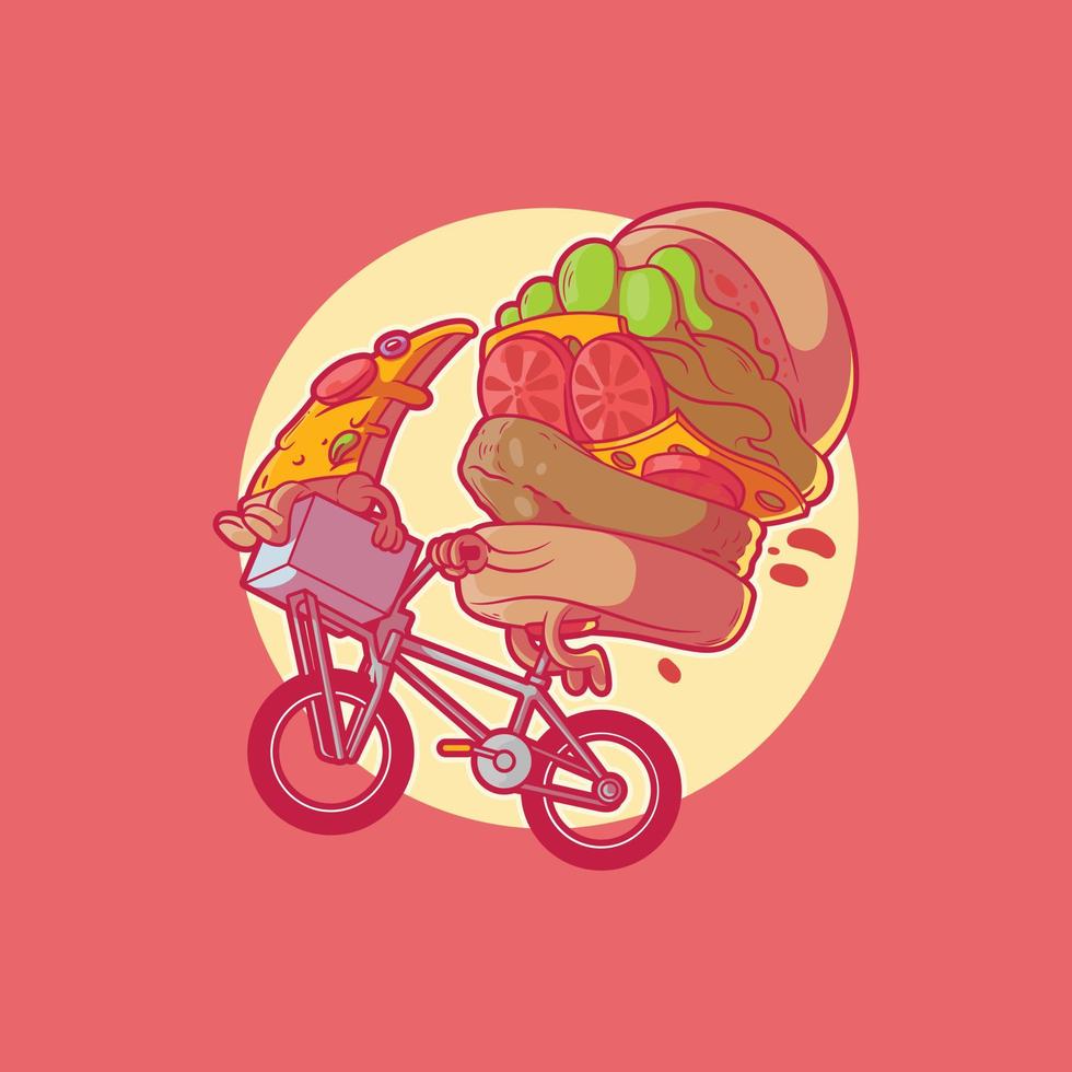 personaje de hamburguesa montando una bicicleta con una pizza en la ilustración de vector frontal. comida rápida, divertido, concepto de diseño de marca.