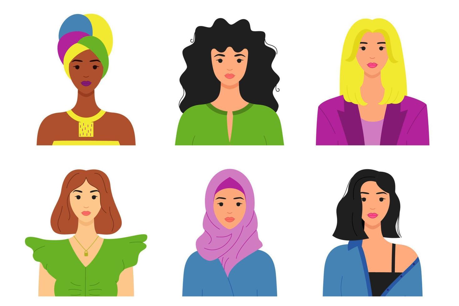 Set of portraits of women of different skin color, hairstyle, face types. Avatars of diverse fashionable female characters. Good for a social network. Bright vector illustration in flat style.