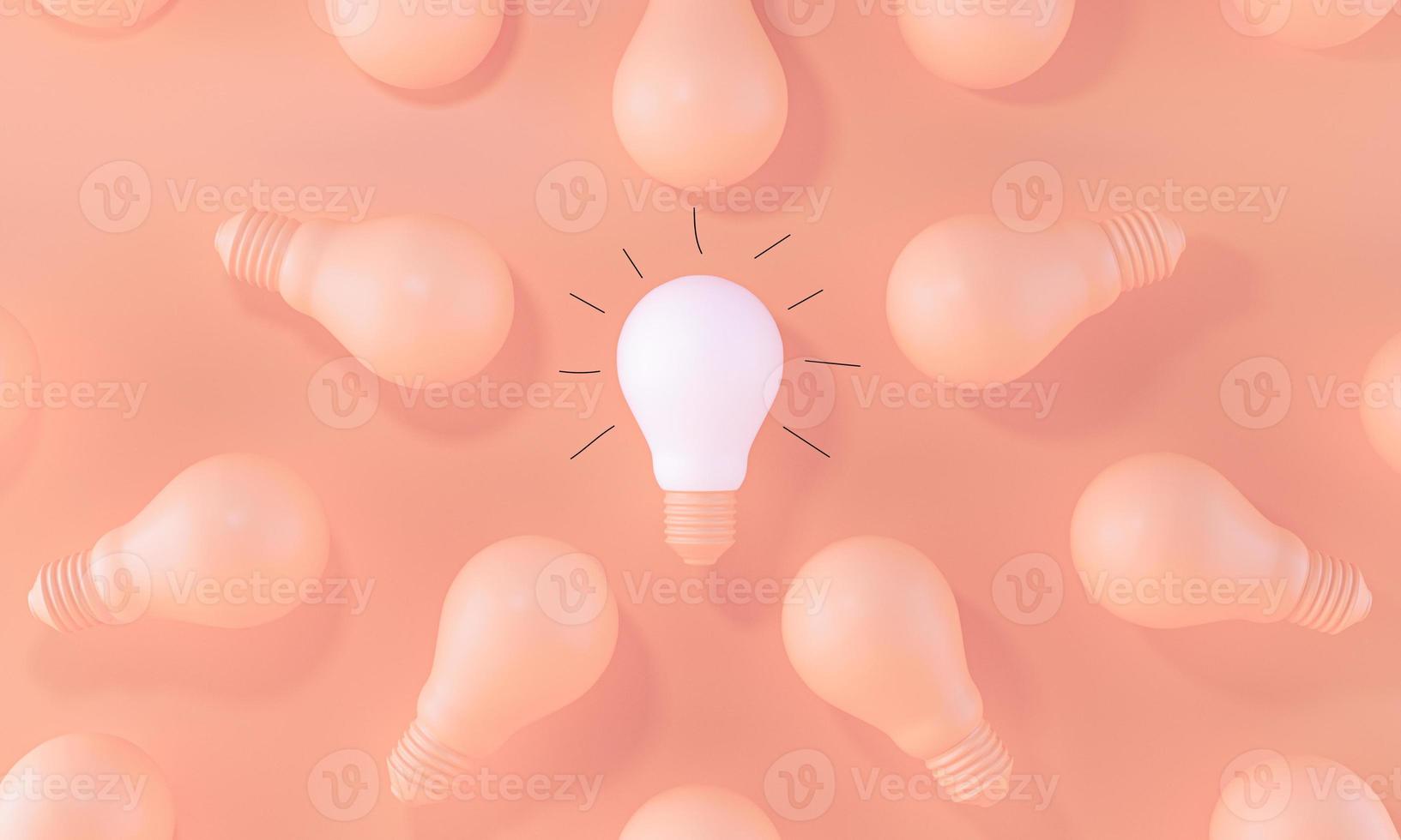 Light Bulb white between the others with handmade gloss lines. Leadership, innovation and individuality concepts. 3d rendering. photo