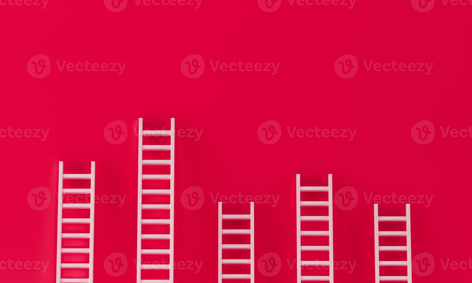 Ladder white collection with one overhanging on red wall studio background. leadership, success concept.3d rendering. photo
