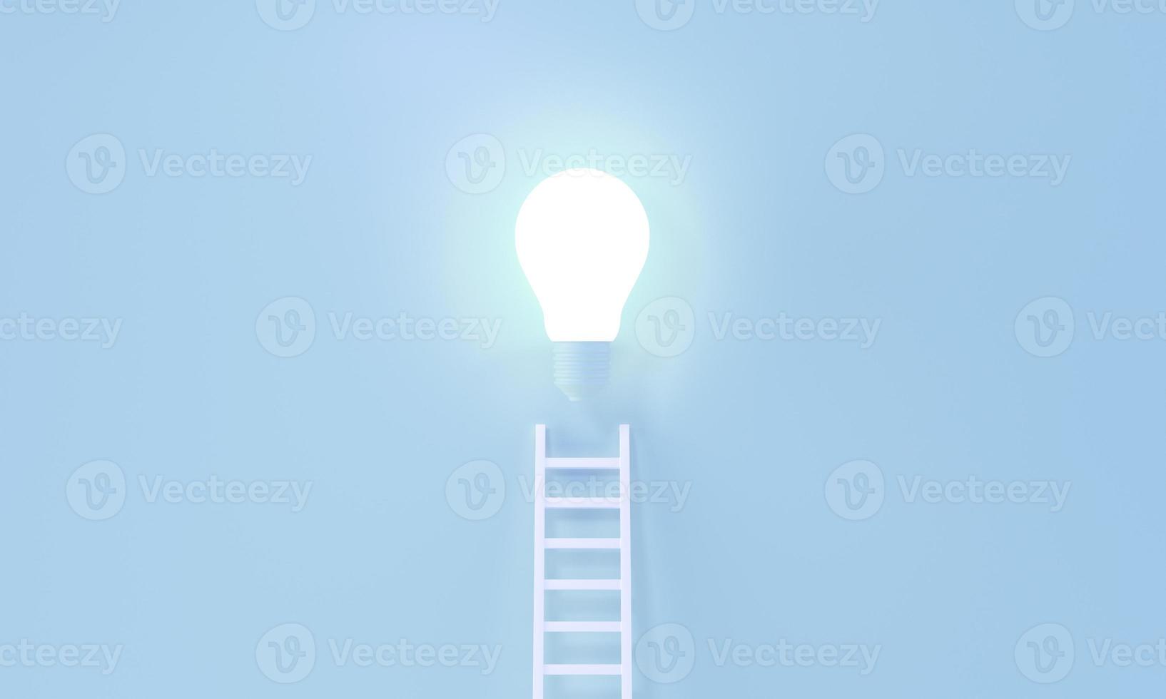 Ladder reaches up to a Glowing Light Bulb representing an Idea, creativity, invention concept. Minimalist blue pastel background. 3d rendering. photo