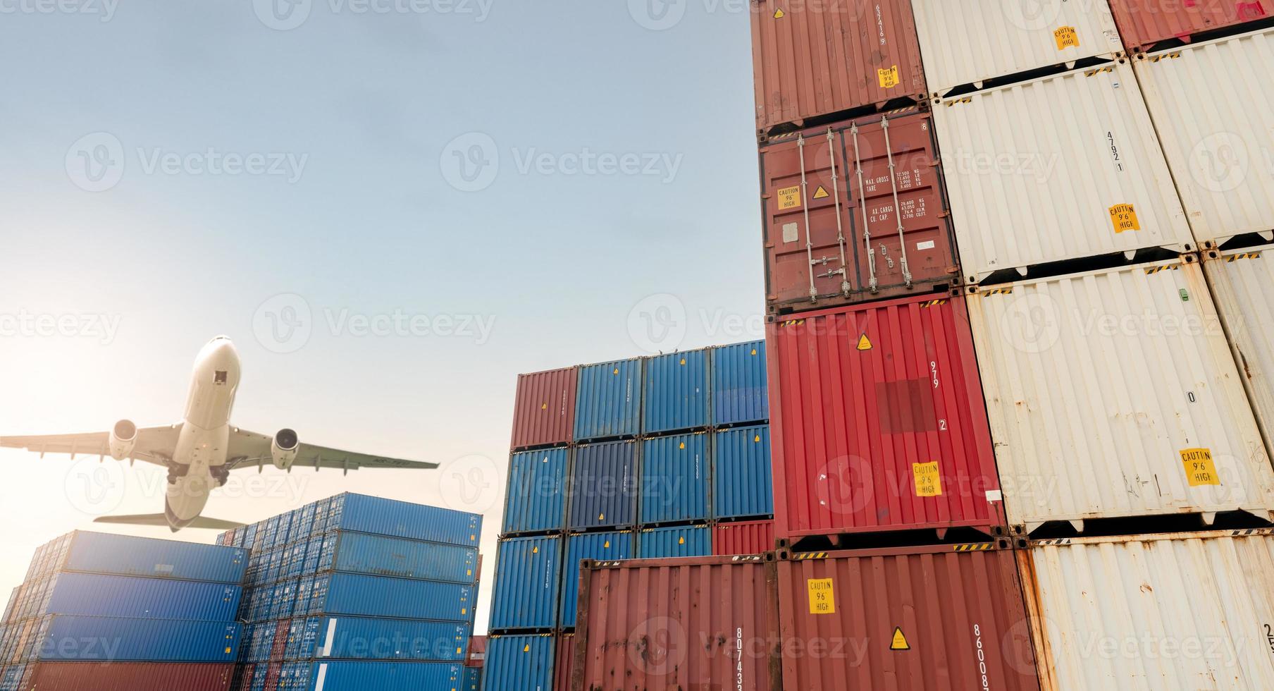 Air logistics. Cargo airplane flying above stack of logistic container. Cargo and shipping business. Container ship for export logistic. Logistic industry from port to port. Freight transportation. photo