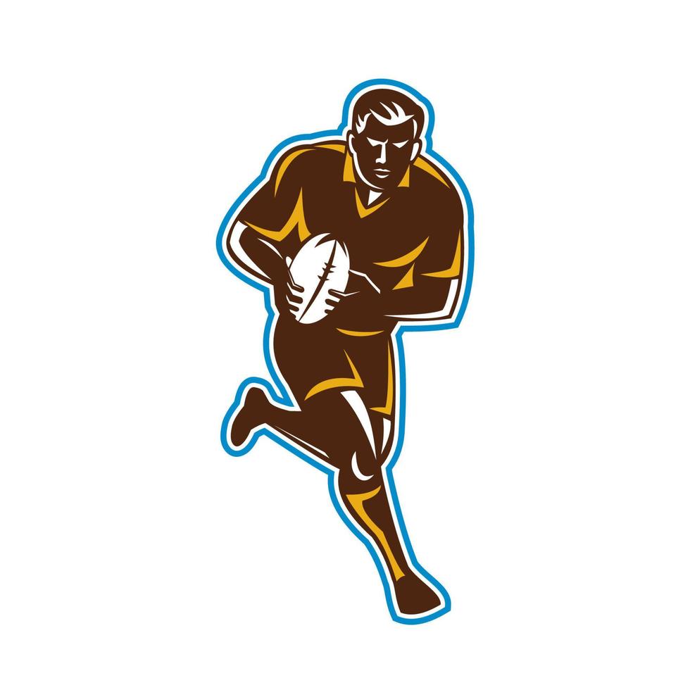 jugador de rugby corriendo pasando la pelota retro vector