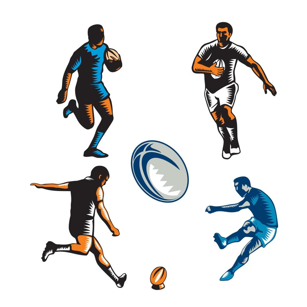 colección de xilografías de jugadores de rugby vector