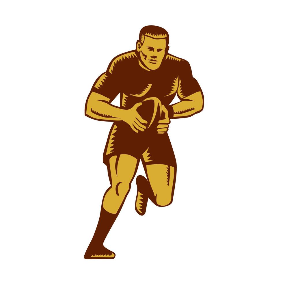 Rugby Player Running Ball Woodcut vector