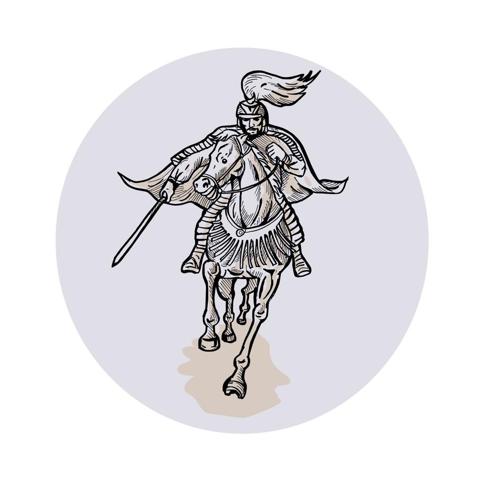 Samurai Warrior With Katana Sword Horseback Etching vector