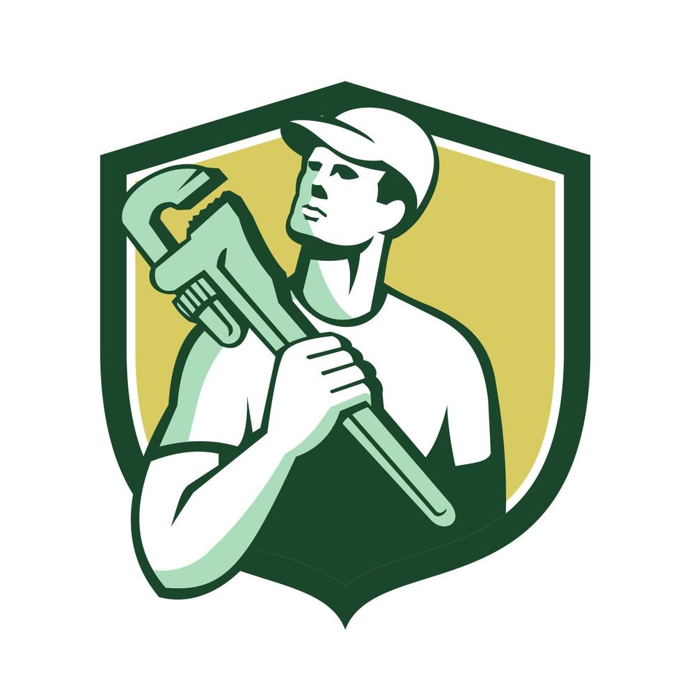 Tradesman Plumber Wrench Shield Retro vector