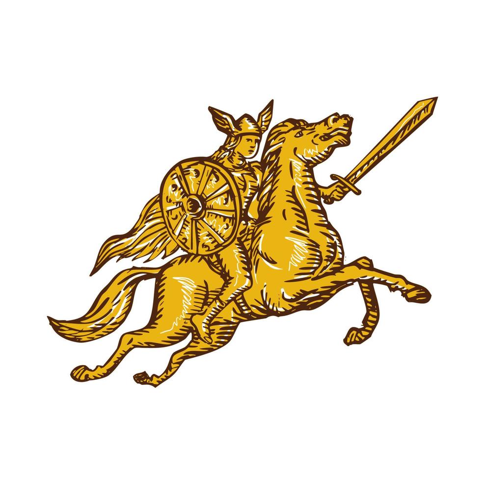 Valkyrie Warrior Riding Horse Sword Etching vector