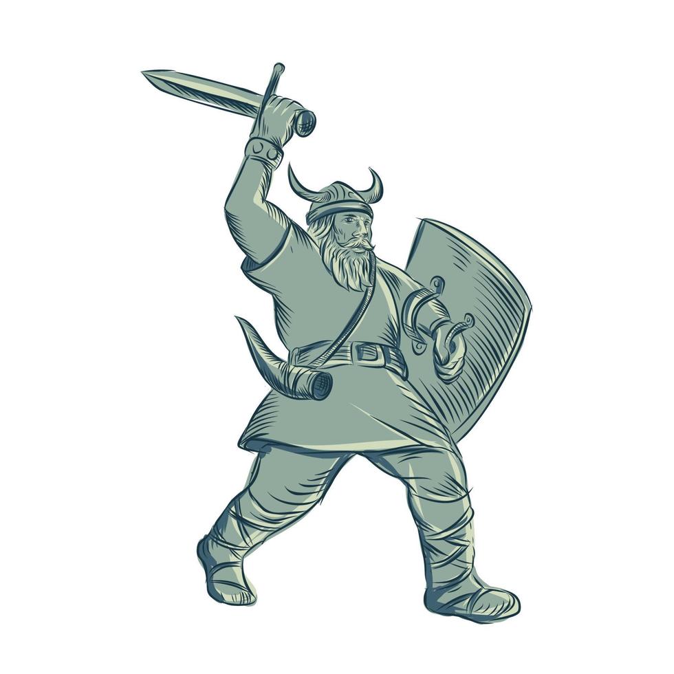 Viking Warrior Striking Sword Etching vector
