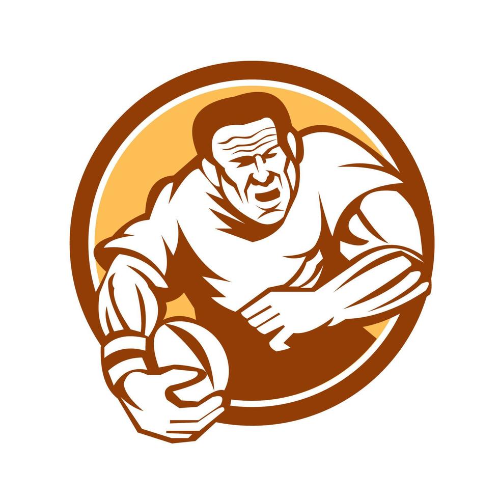 Rugby Player Running Ball Circle Linocut vector