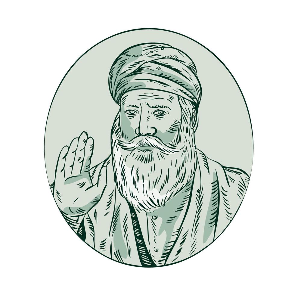 Sacerdote gurú sikh agitando aguafuerte vector