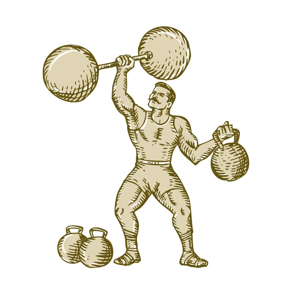 Strongman Lifting Barbell Kettlebell Etching vector