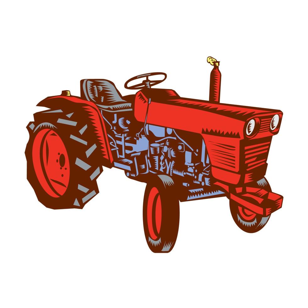 Vintage Farm Tractor Side Woodcut vector