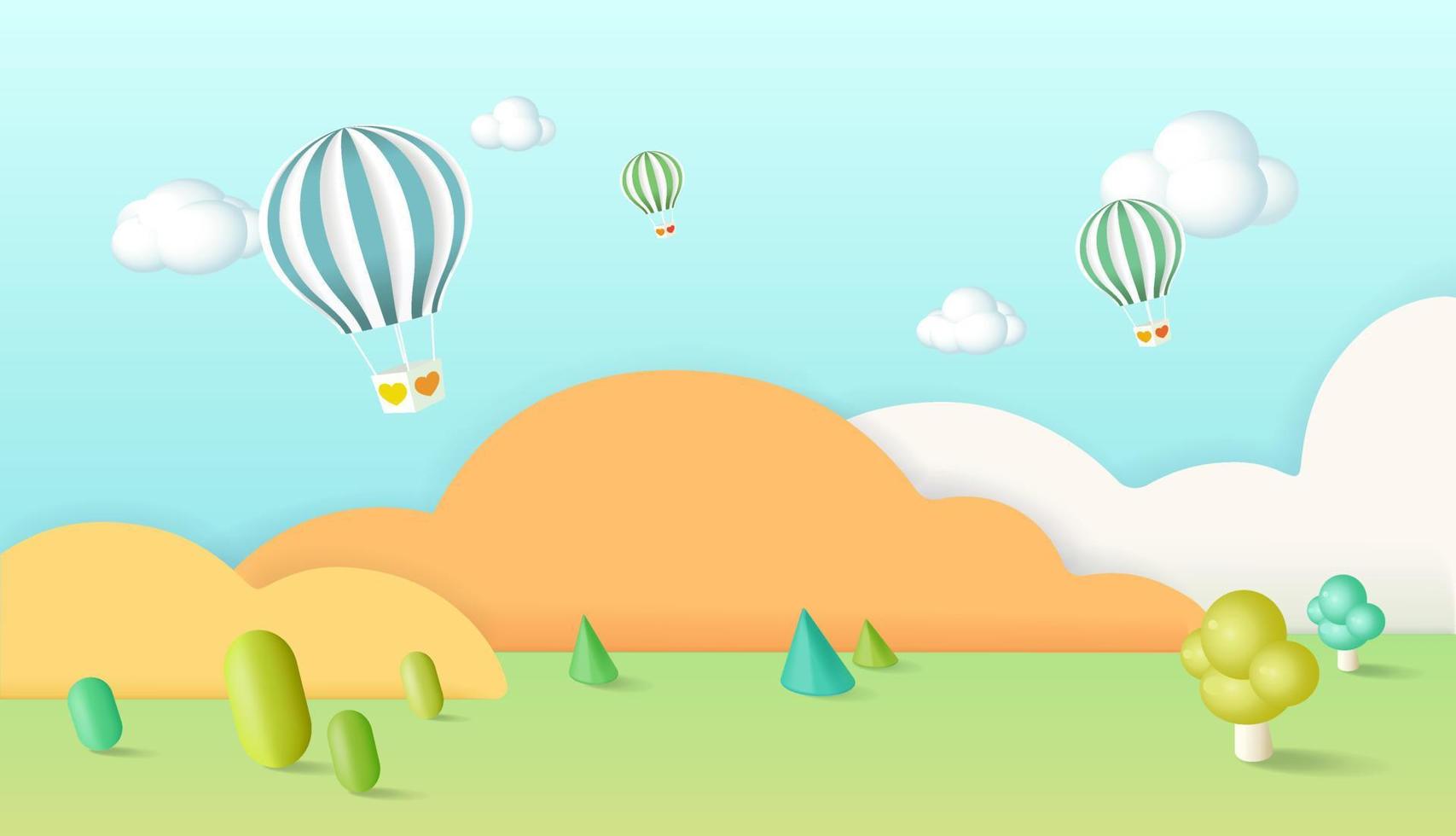 banner de paisaje de cielo cortado en papel con globo de aire caliente, nubes hechas en arte de papel realista. Promoción infantil para descuento de juguetería o producto de cuidado infantil. vector