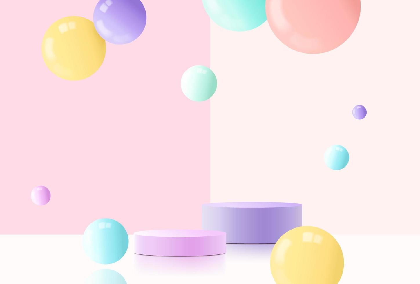 Realistic glossy plastic balls background. 3D cylinder pedestal podium with pastel minimal wall scene and shadow. vector