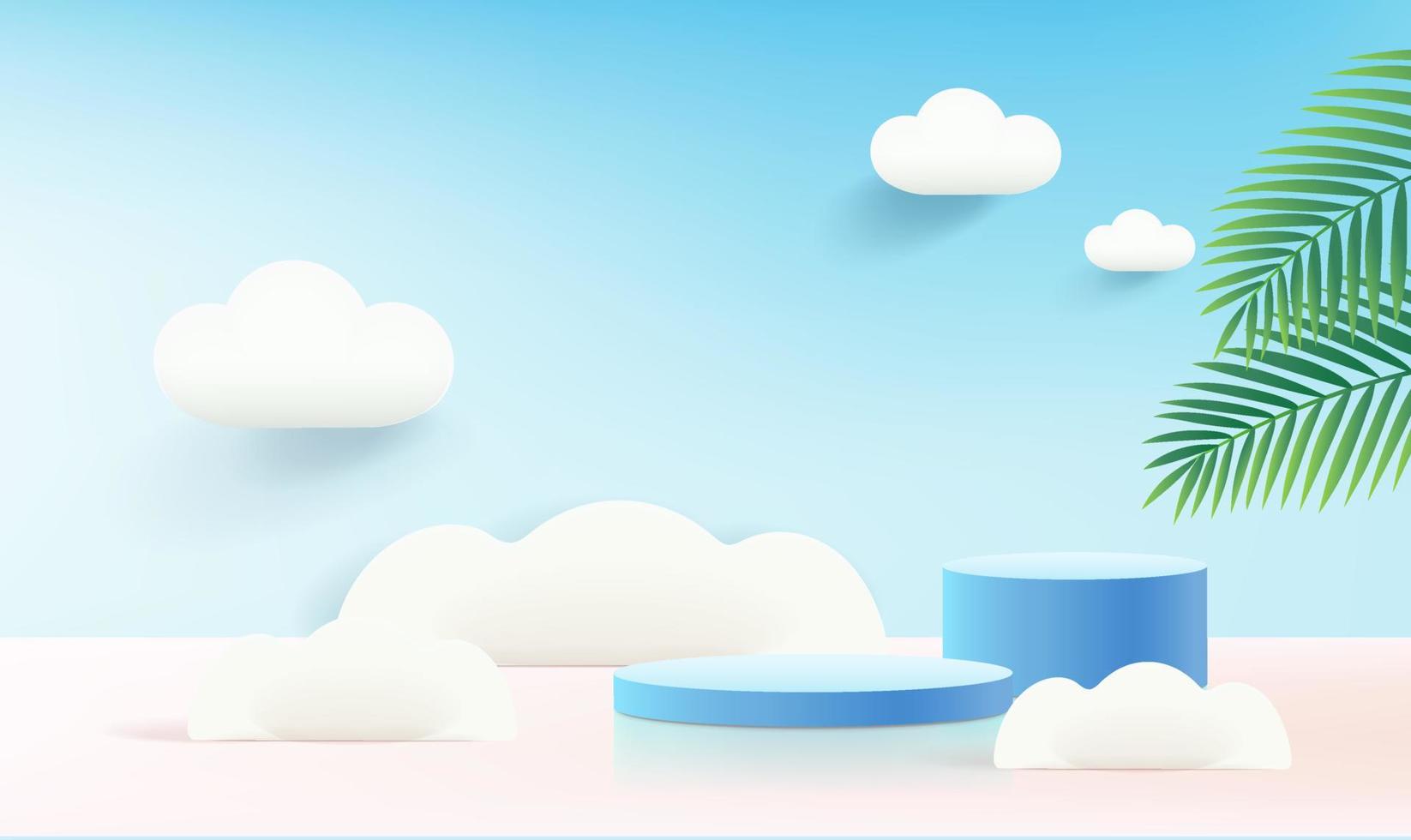 Cute elements for summer design, cloud, palm leaf. Round podium for product presentation in 3d creative composition. vector