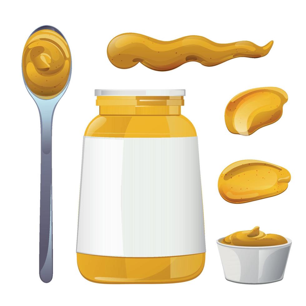 Mustard. Dijon honey sauce cream. Vector design in cartoon style for food branding.
