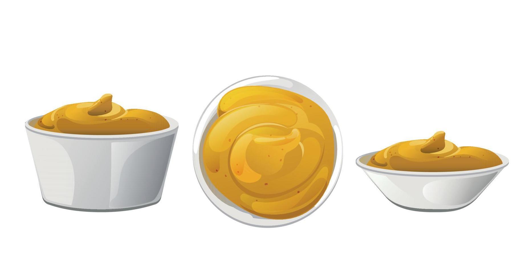 Mustard portion in the bowl. Dijon honey sauce cream. Vector design in cartoon style for food branding.
