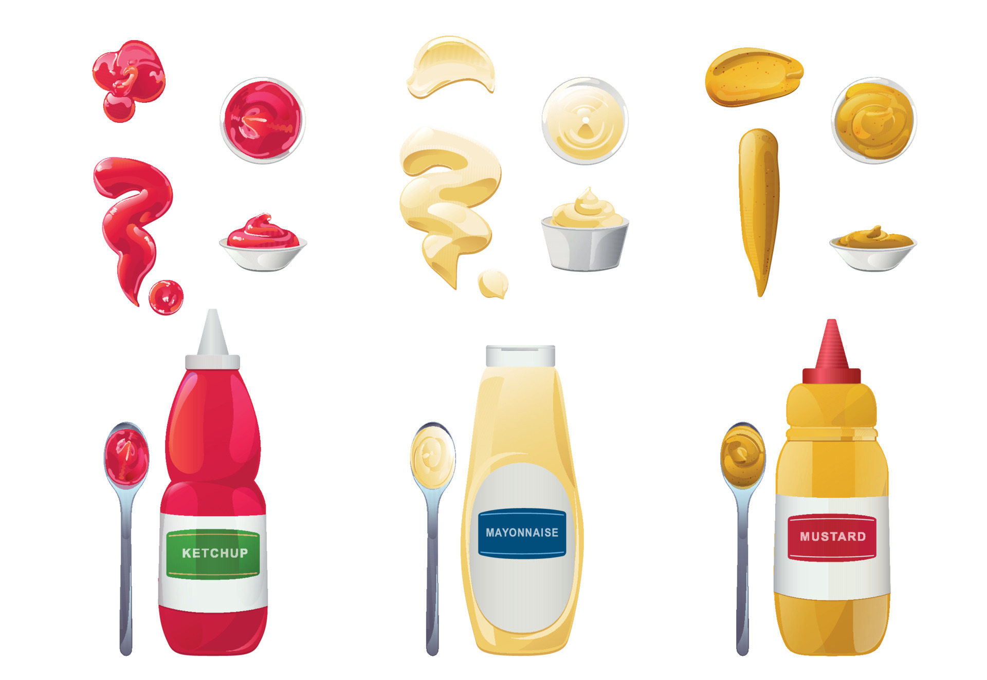 Ketchup, mayonnaise, mustard sauces set. Realistic vector illustration