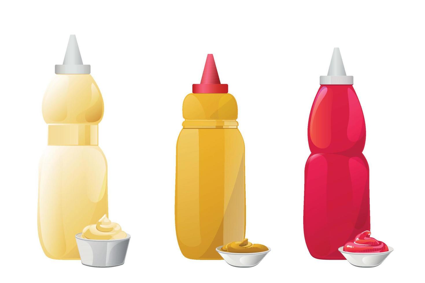 ketchup, mayonesa, conjunto de salsas de mostaza. ilustración vectorial realista aislada sobre fondo blanco. vector