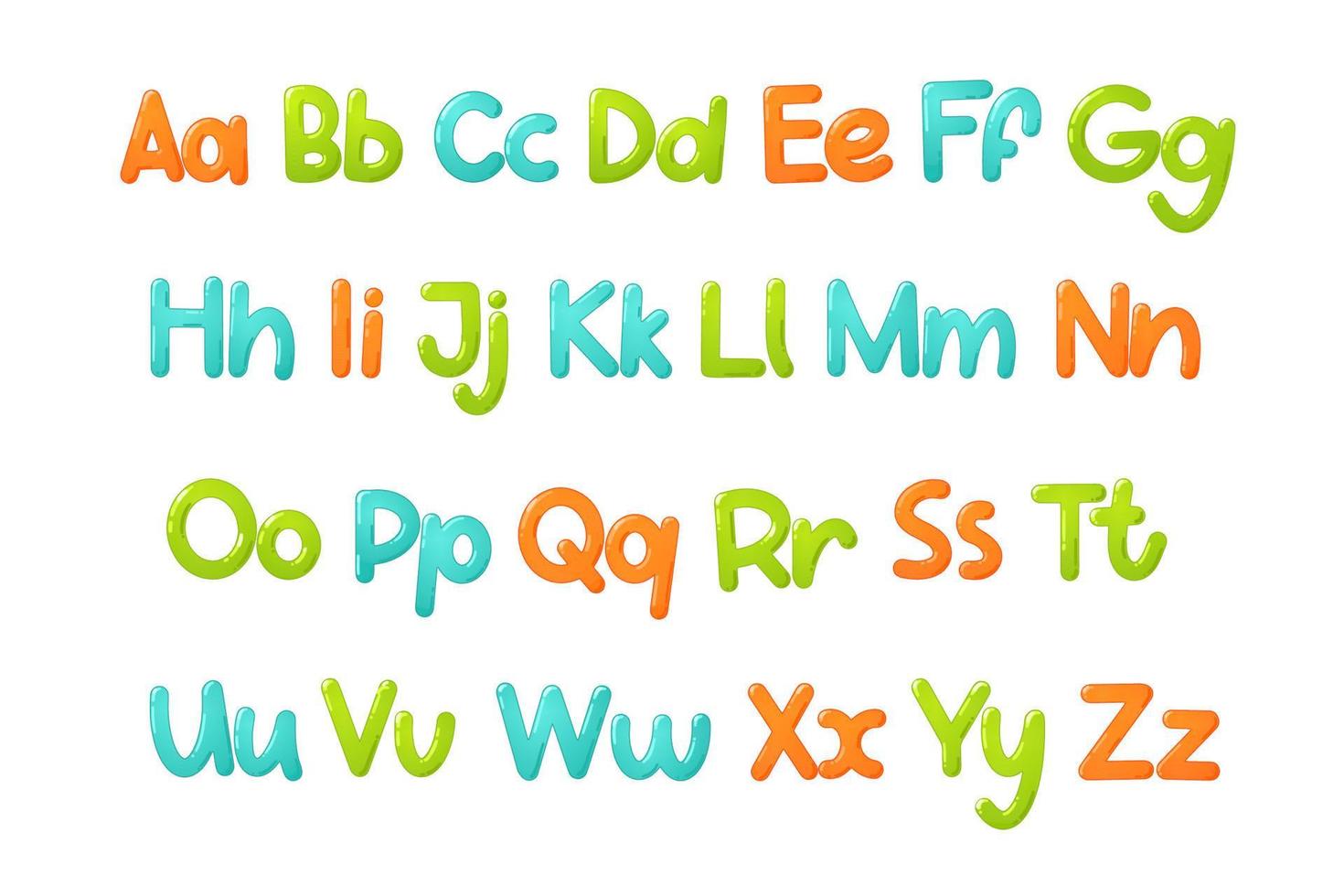 Colorful children font. Glossy kids alphabet in cartoon style. Vector typography for school, preschool and kindergarten design.