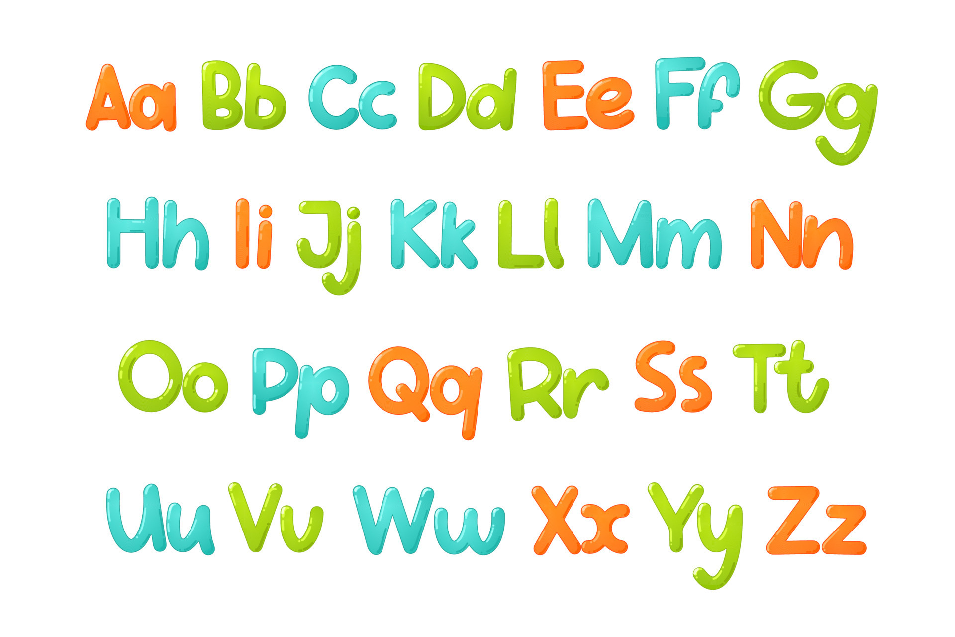Colorful children font. Glossy kids alphabet in cartoon style. Vector
