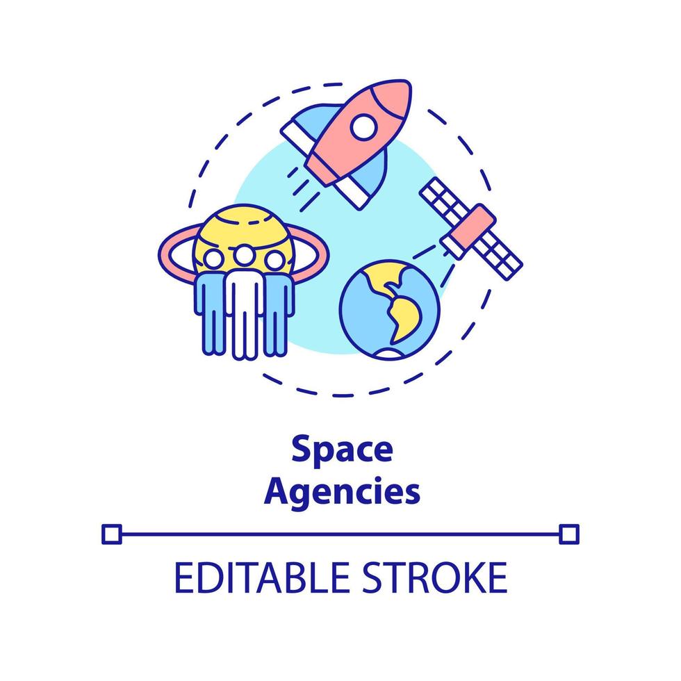 Space agencies concept icon. Cosmos exploration missions. Institution example abstract idea thin line illustration. Isolated outline drawing. Editable stroke. vector