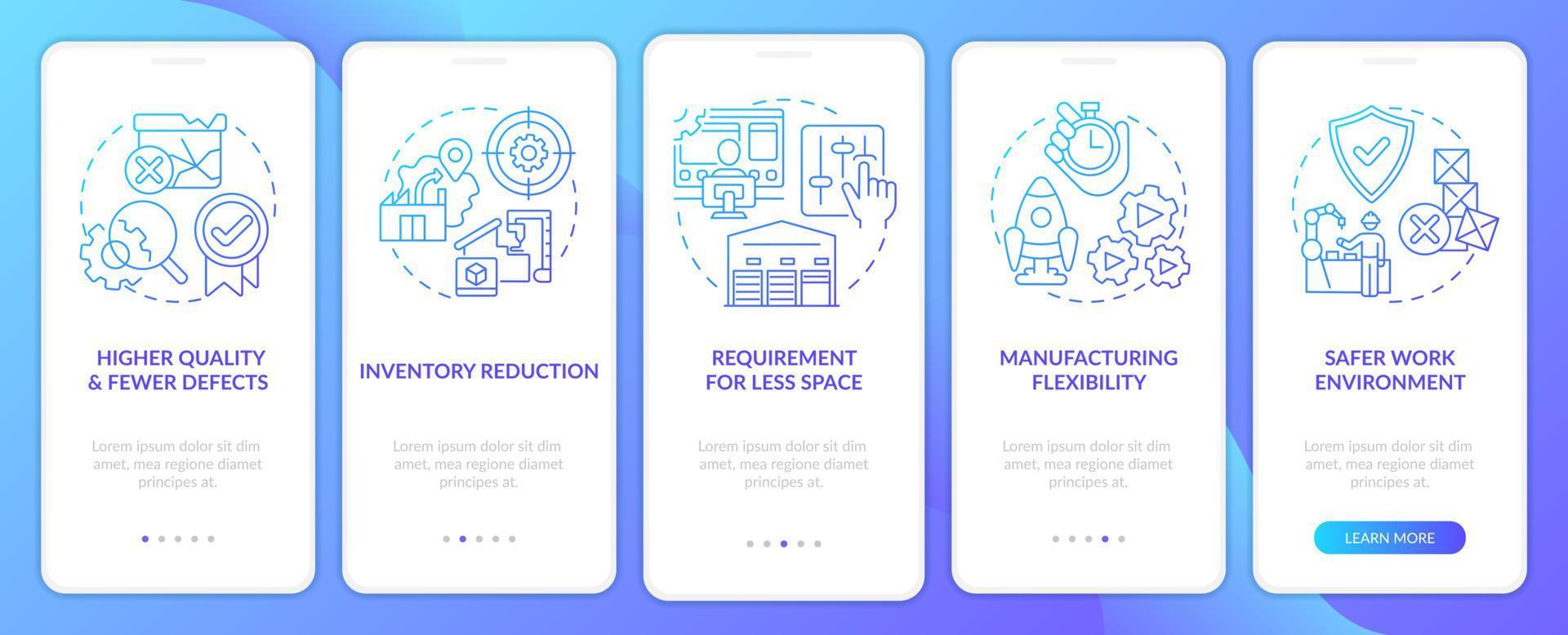 One piece flow advantages blue gradient onboarding mobile app screen. Walkthrough 5 steps graphic instructions pages with linear concepts. UI, UX, GUI template. vector