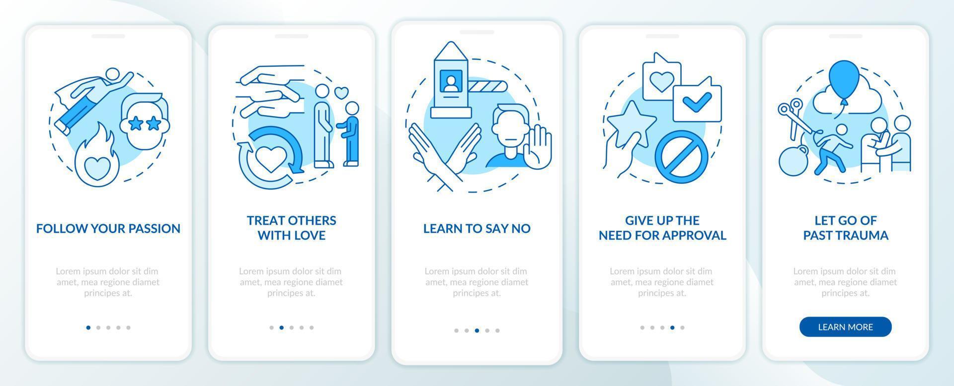 Self care daily activities blue onboarding mobile app screen. Walkthrough 5 steps graphic instructions pages with linear concepts. UI, UX, GUI template vector