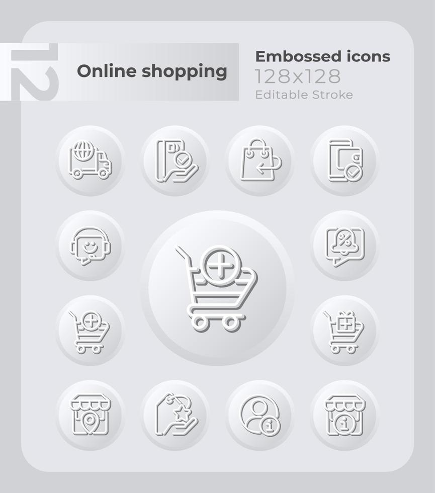 E commerce embossed icons set. Customer support. Purchasing. Neumorphism  effect. Isolated vector illustrations. Minimalist button design collection.  Editable stroke. 12725734 Vector Art at Vecteezy