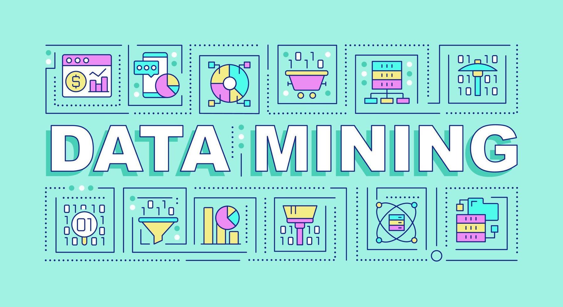 Data mining word concepts mint banner. Data extraction techniques. Infographics with icons on color background. Isolated typography. Vector illustration with text.