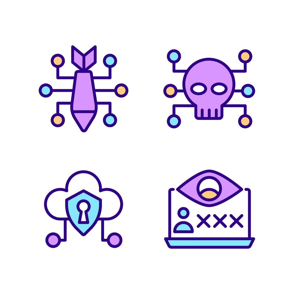 Malicious online activity pixel perfect RGB color icons set. Cyber attack. Cybercrime. Spying malware. Isolated vector illustrations. Simple filled line drawings collection. Editable stroke