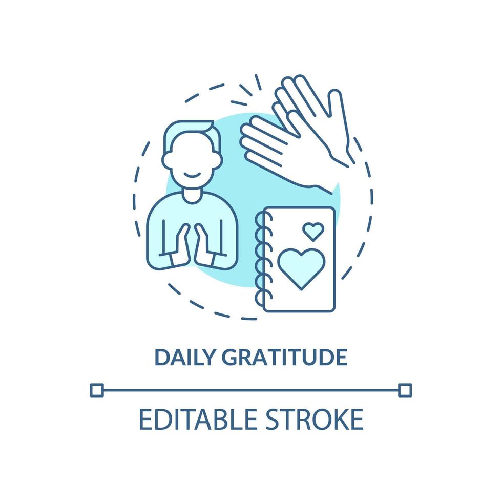 Daily gratitude turquoise concept icon. Exercise for self love abstract idea thin line illustration. Self-care routine. Isolated outline drawing. Editable stroke vector