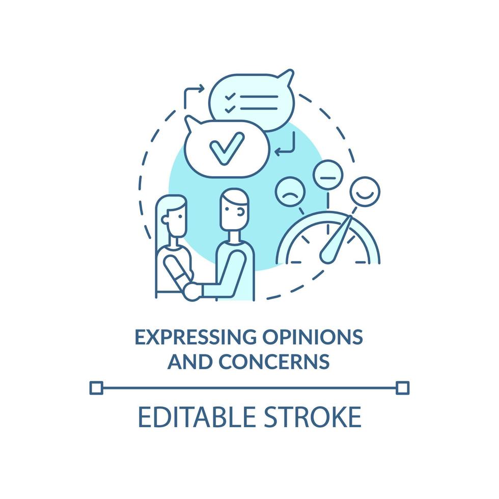 Expressing opinions and concerns turquoise concept icon. Positive relationships abstract idea thin line illustration. Isolated outline drawing. Editable stroke vector