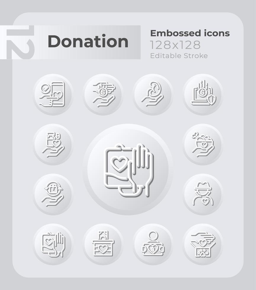 Charity embossed icons set. Humanitarian aid. Volunteering. Neumorphism effect. Isolated vector illustrations. Minimalist button design collection. Editable stroke.