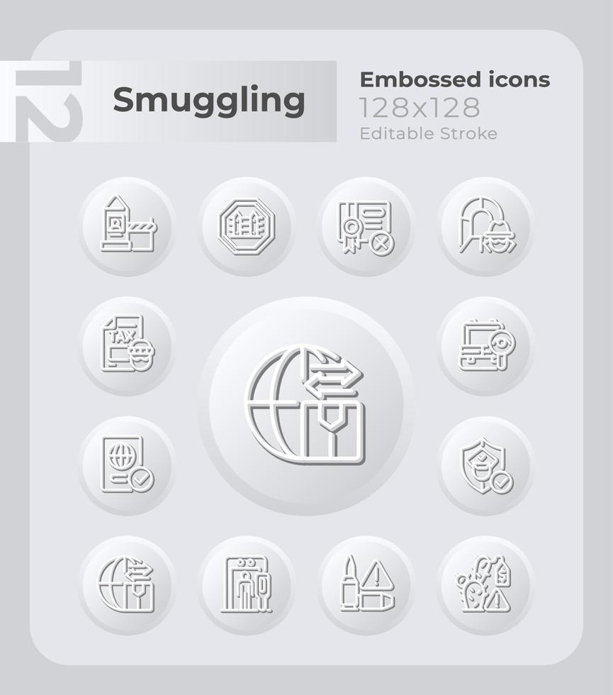 Combat smuggling embossed icons set. Economic impact. Neumorphism effect. Isolated vector illustrations. Minimalist button design collection. Editable stroke.