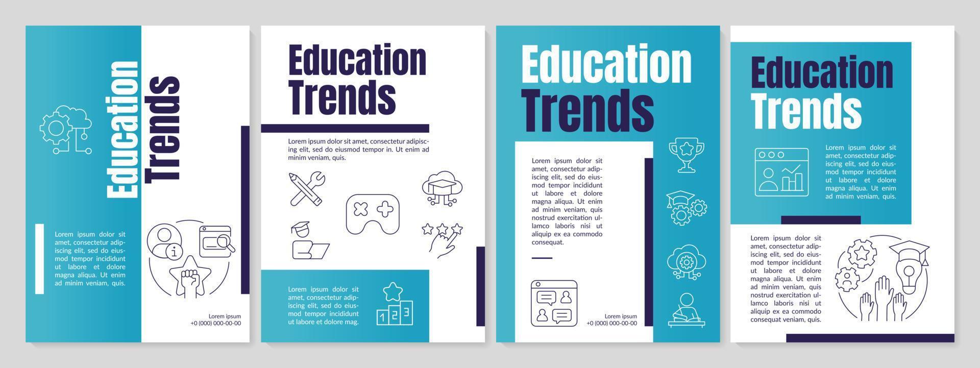 Education trends blue brochure template. Learning innovations providing. Leaflet design with linear icons. 4 vector layouts for presentation, annual reports.