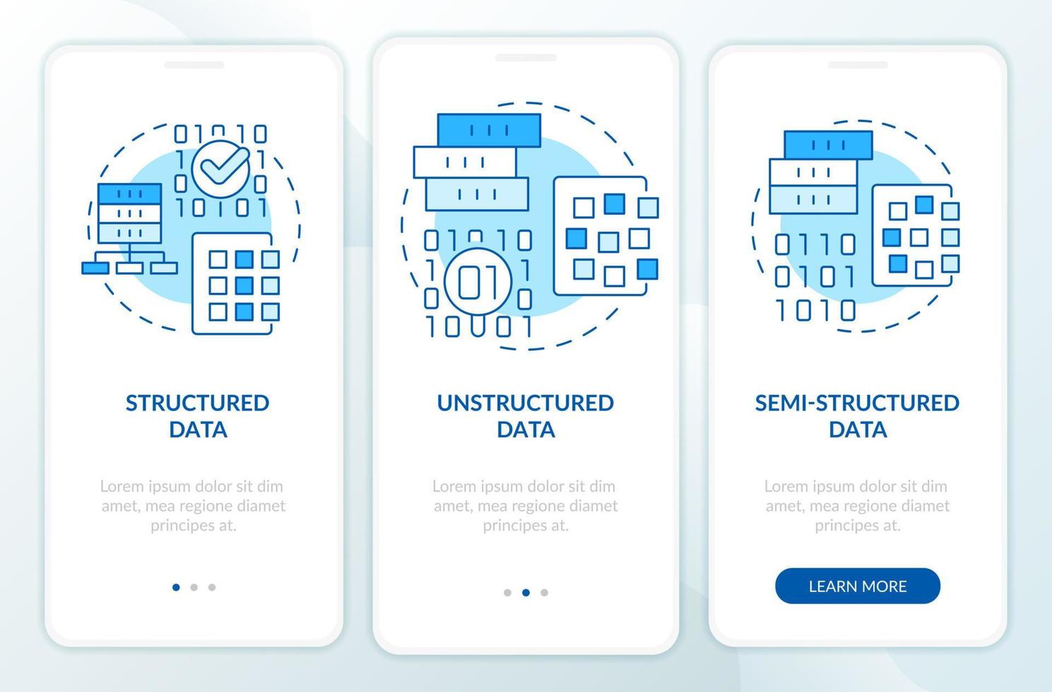 Types of big data blue onboarding mobile app screen. Database structure walkthrough 3 steps graphic instructions pages with linear concepts. UI, UX, GUI template. vector