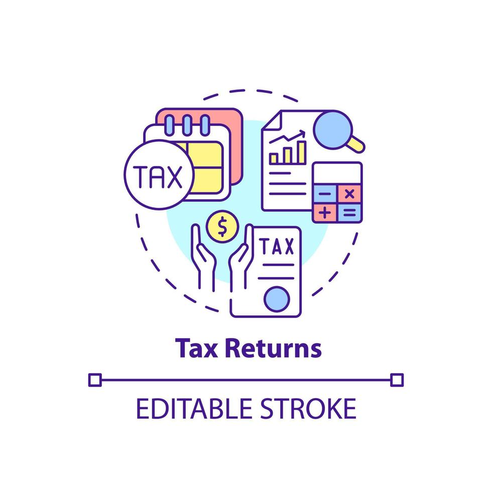 Tax returns concept icon. Financial information. Tax refund. Application abstract idea thin line illustration. Isolated outline drawing. Editable stroke. vector