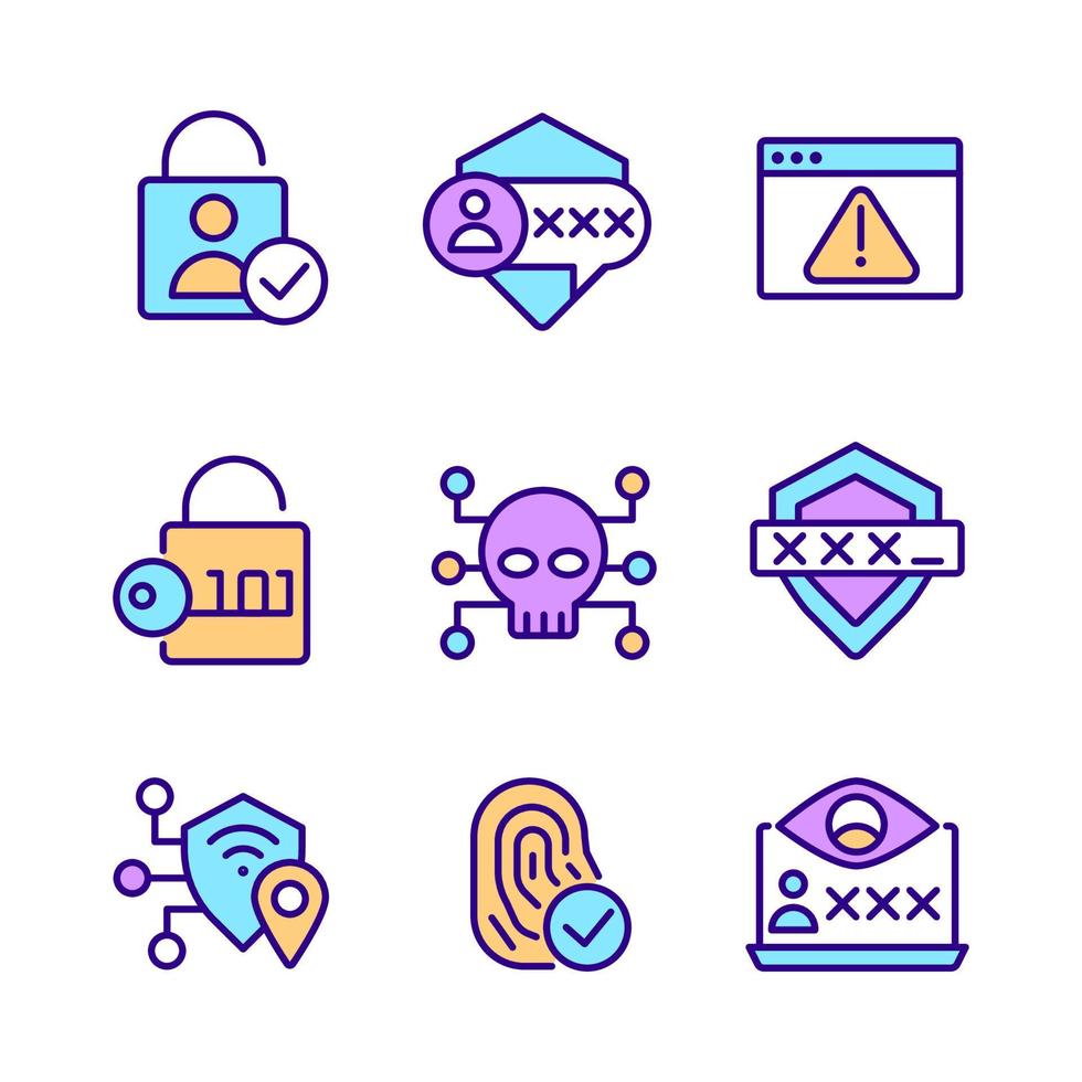 Cybersecurity technologies pixel perfect RGB color icons set. User authentication. Encrypted messages. Isolated vector illustrations. Simple filled line drawings collection. Editable stroke