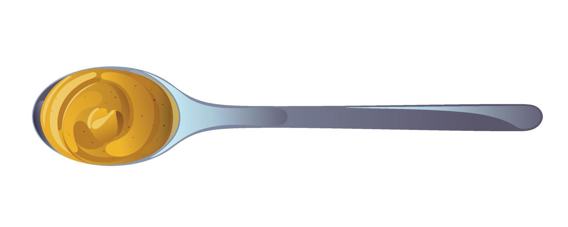 Mustard in the spoon. Dijon honey sauce cream. Vector design in cartoon style for food branding.
