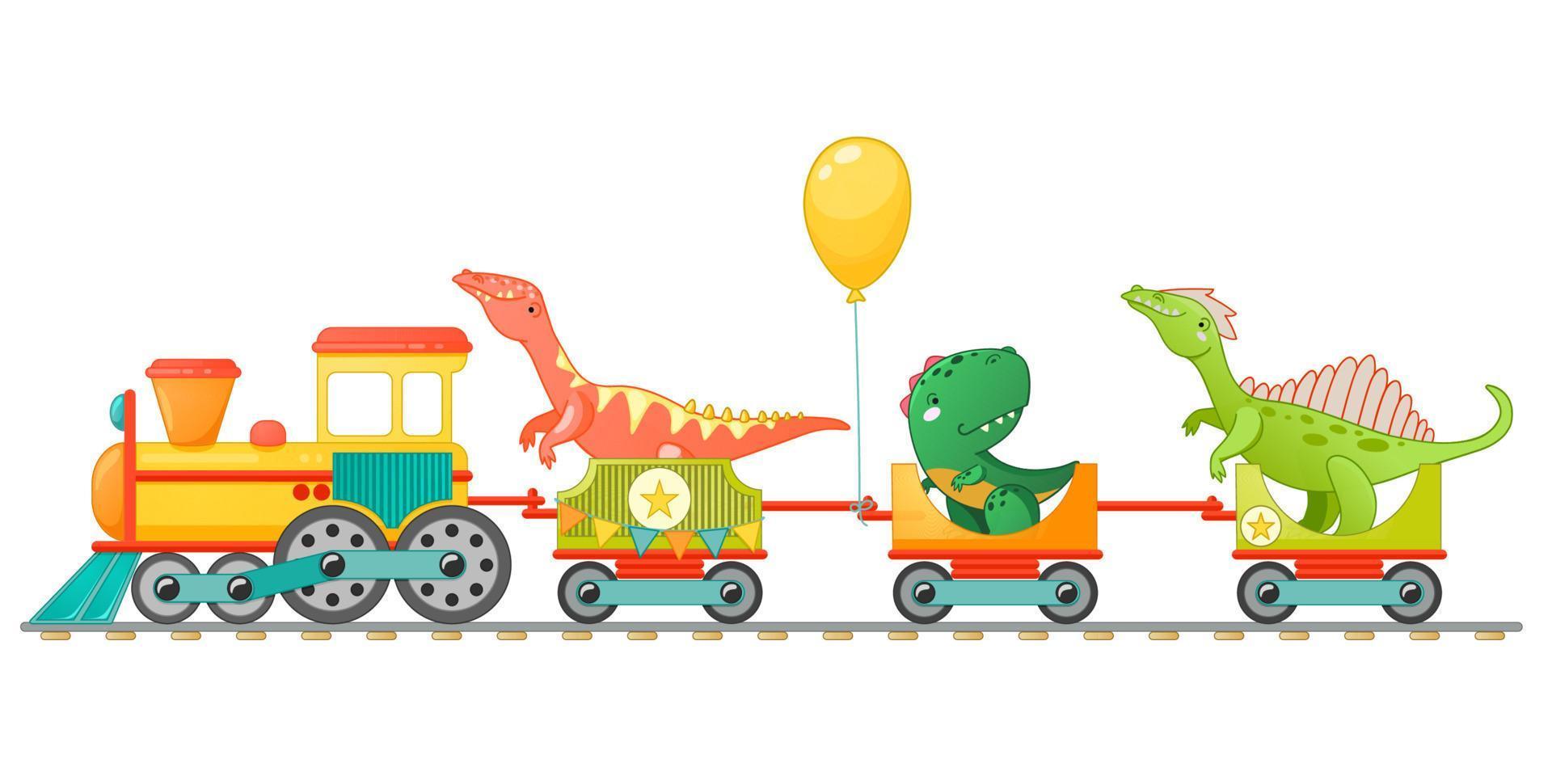 Train with cute little dinosaur in cartoon style. vector