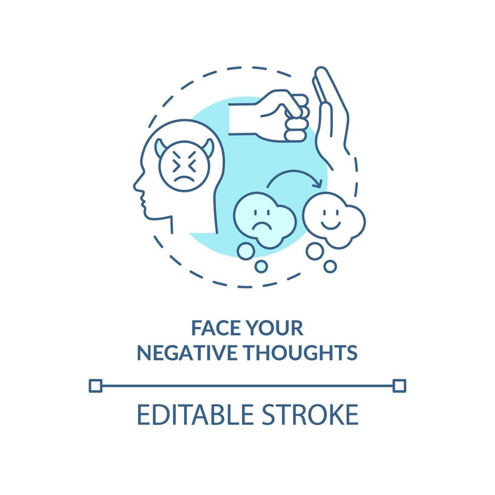 Face negative thoughts turquoise concept icon. Self appreciation abstract idea thin line illustration. Negative thinking. Isolated outline drawing. Editable stroke vector