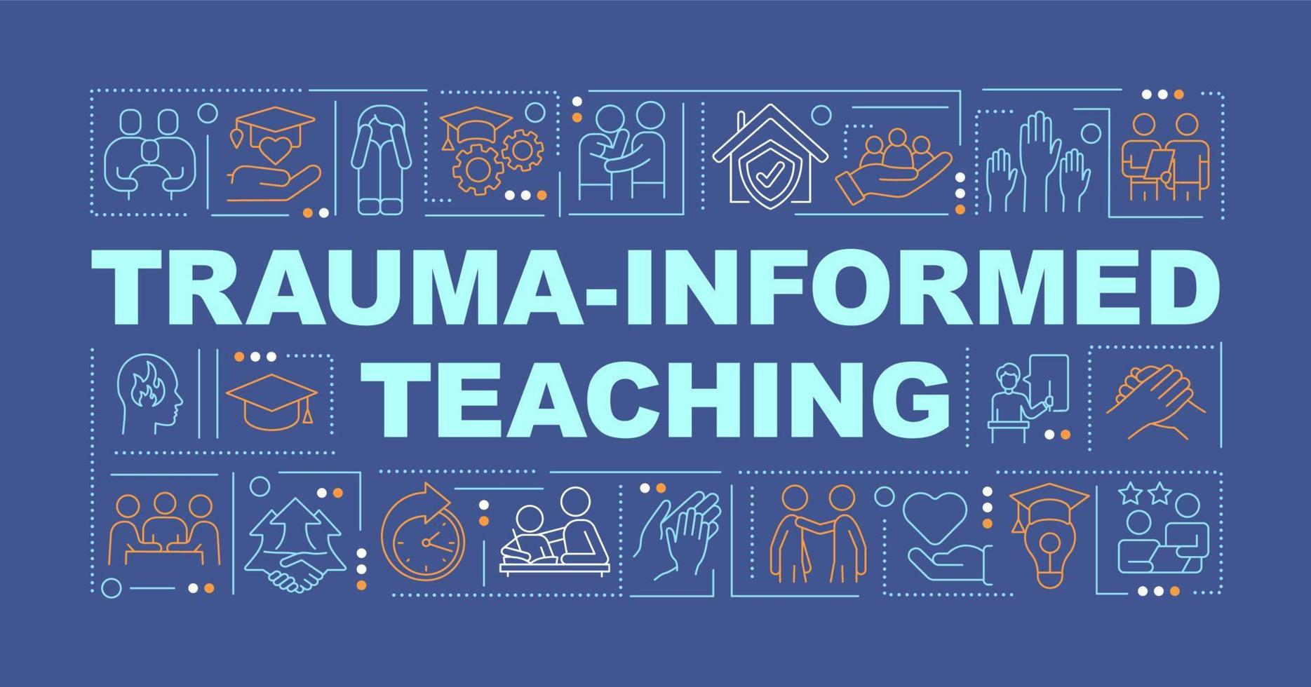 Trauma informed teaching word concepts dark blue banner. Education trend. Infographics with icons on color background. Isolated typography. Vector illustration with text.