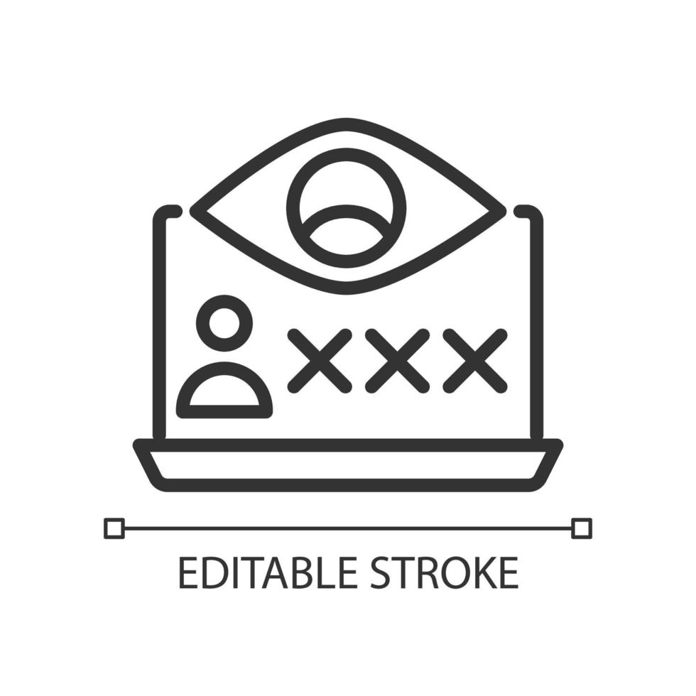 Spyware pixel perfect linear icon. Spying software. Monitors online behavior. Stealing data. Thin line illustration. Contour symbol. Vector outline drawing. Editable stroke.