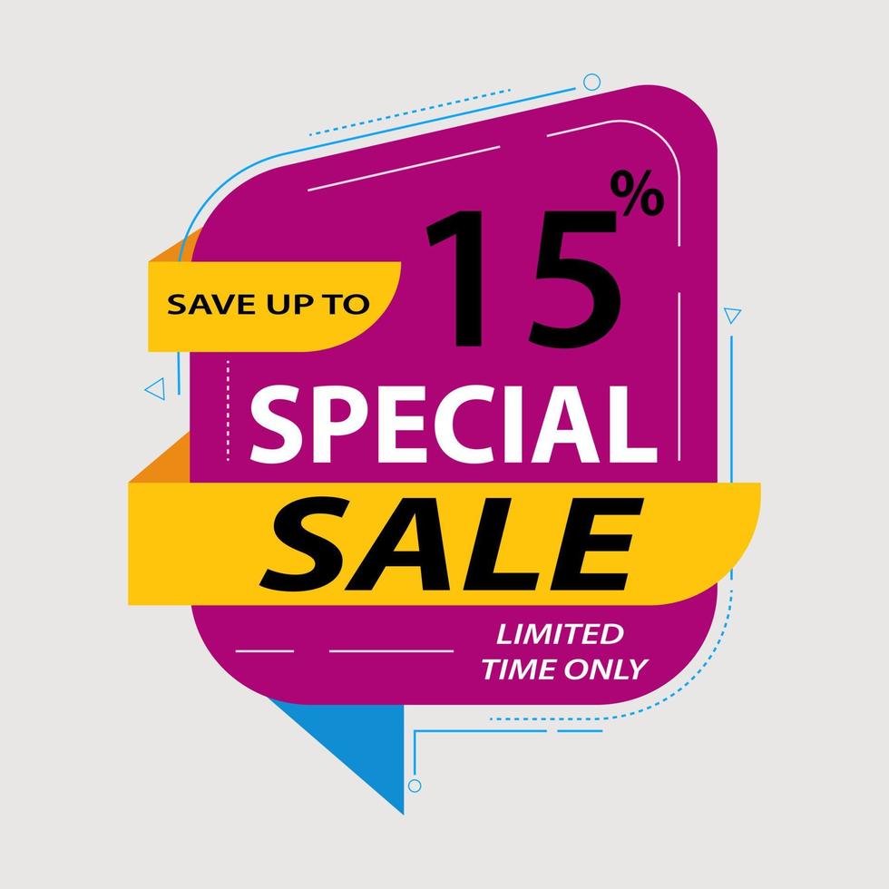 vector sale banner template design, up to 15 percent off.