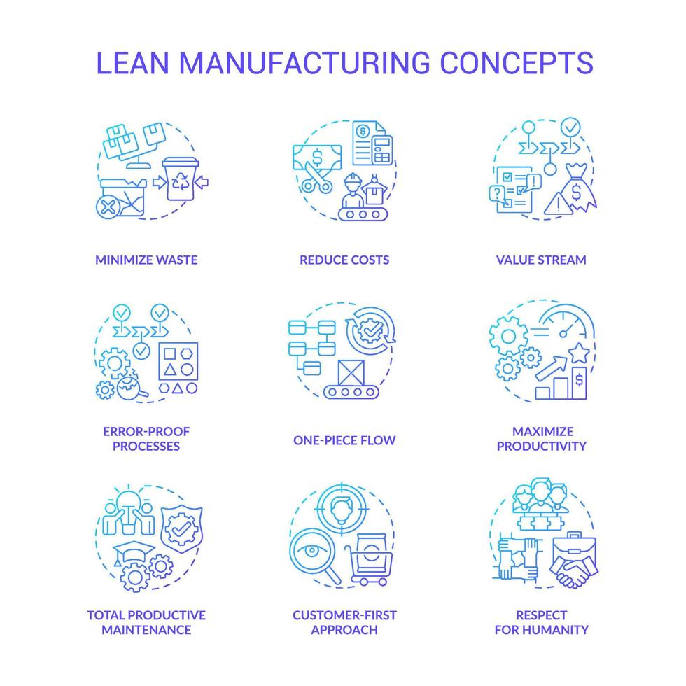 Lean manufacturing blue gradient icons set. Machine industry. Continuous production principles idea thin line color illustrations. Isolated symbols. vector