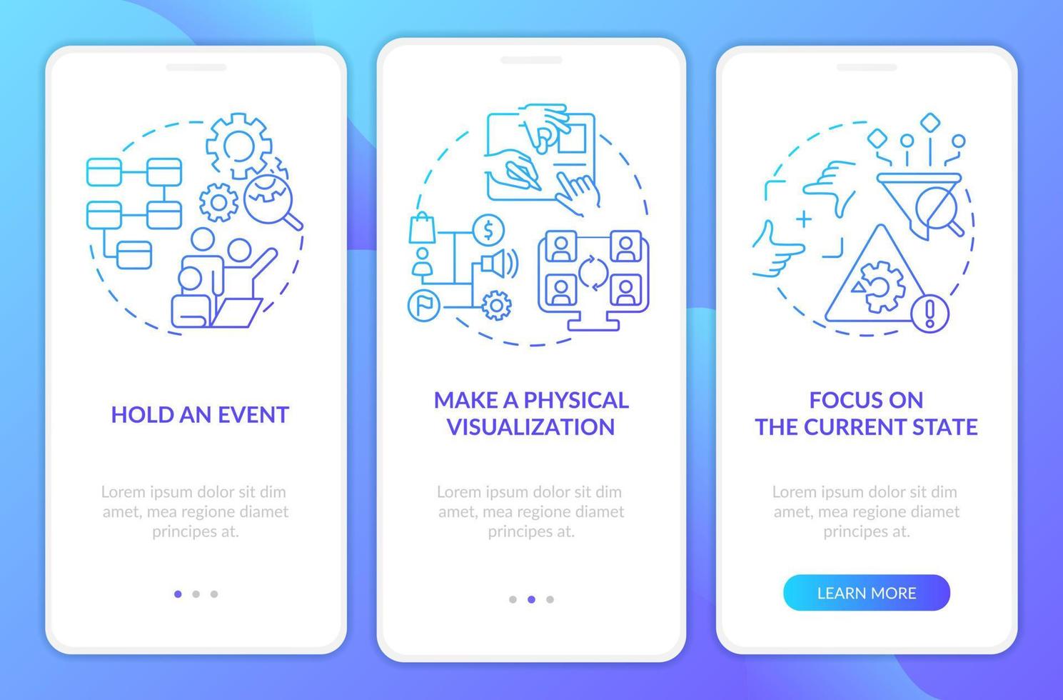 Value stream mapping blue gradient onboarding mobile app screen. Walkthrough 3 steps graphic instructions pages with linear concepts. UI, UX, GUI template. vector